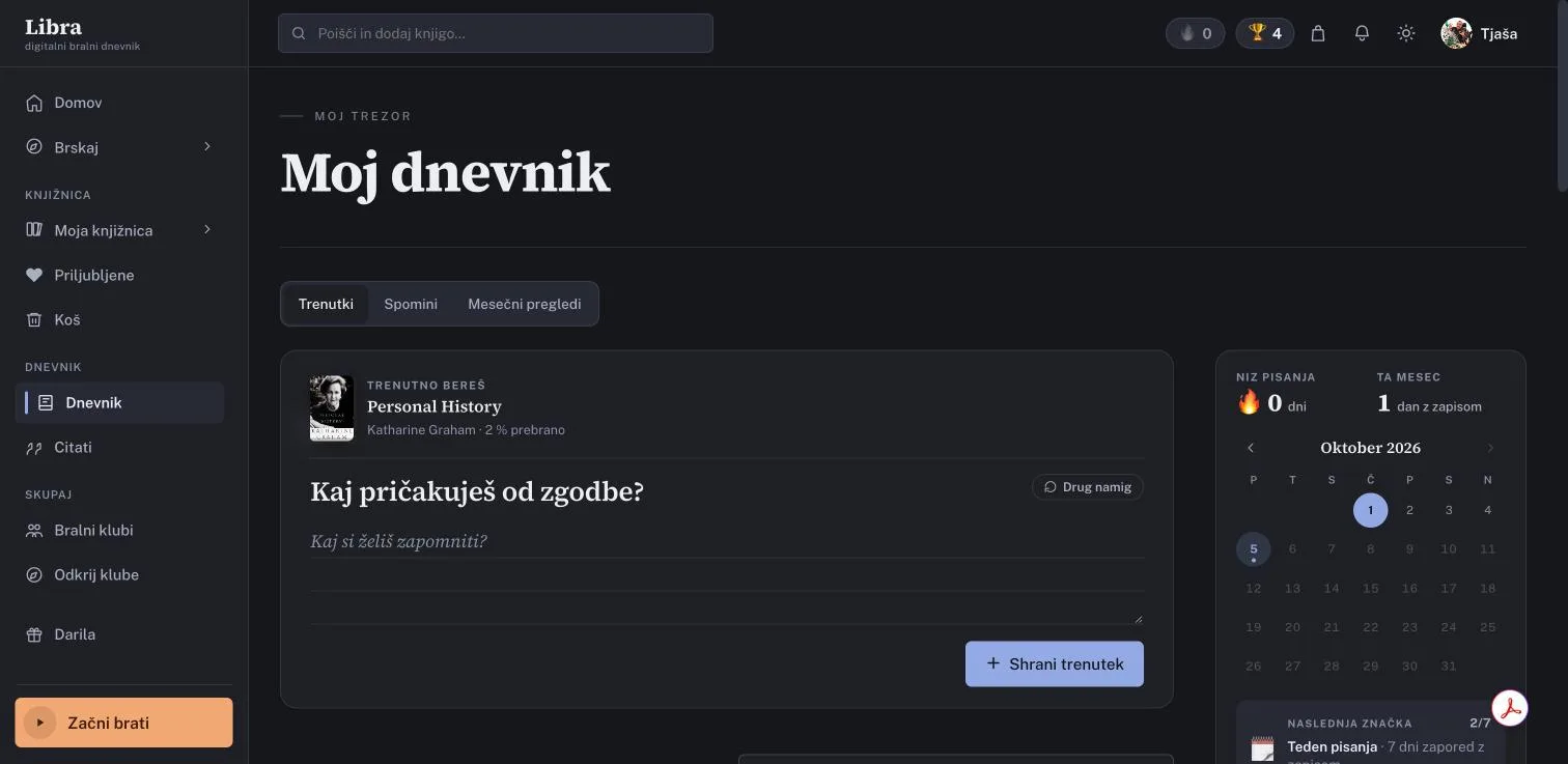 Libra: bralni dnevnik z zapisom ob knjigi