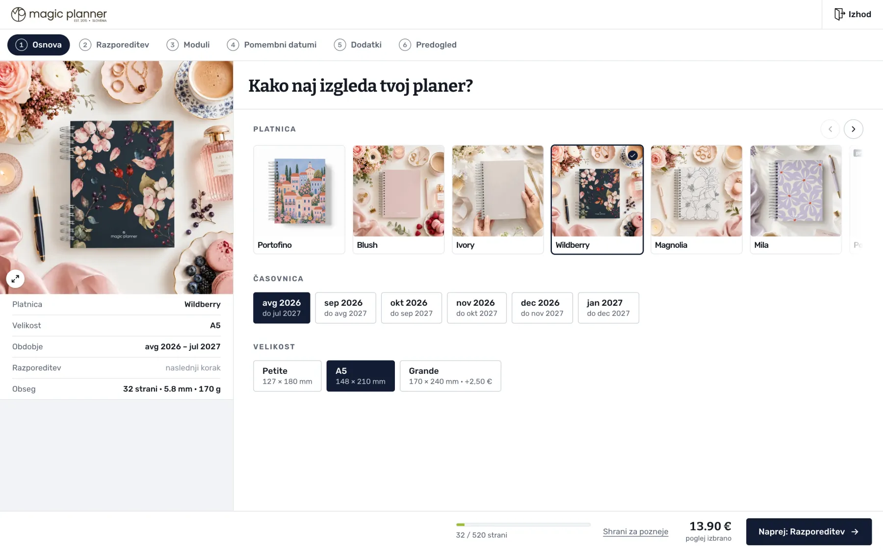 Konfigurator Magic Planner: Osnova: platnica, obdobje, velikost