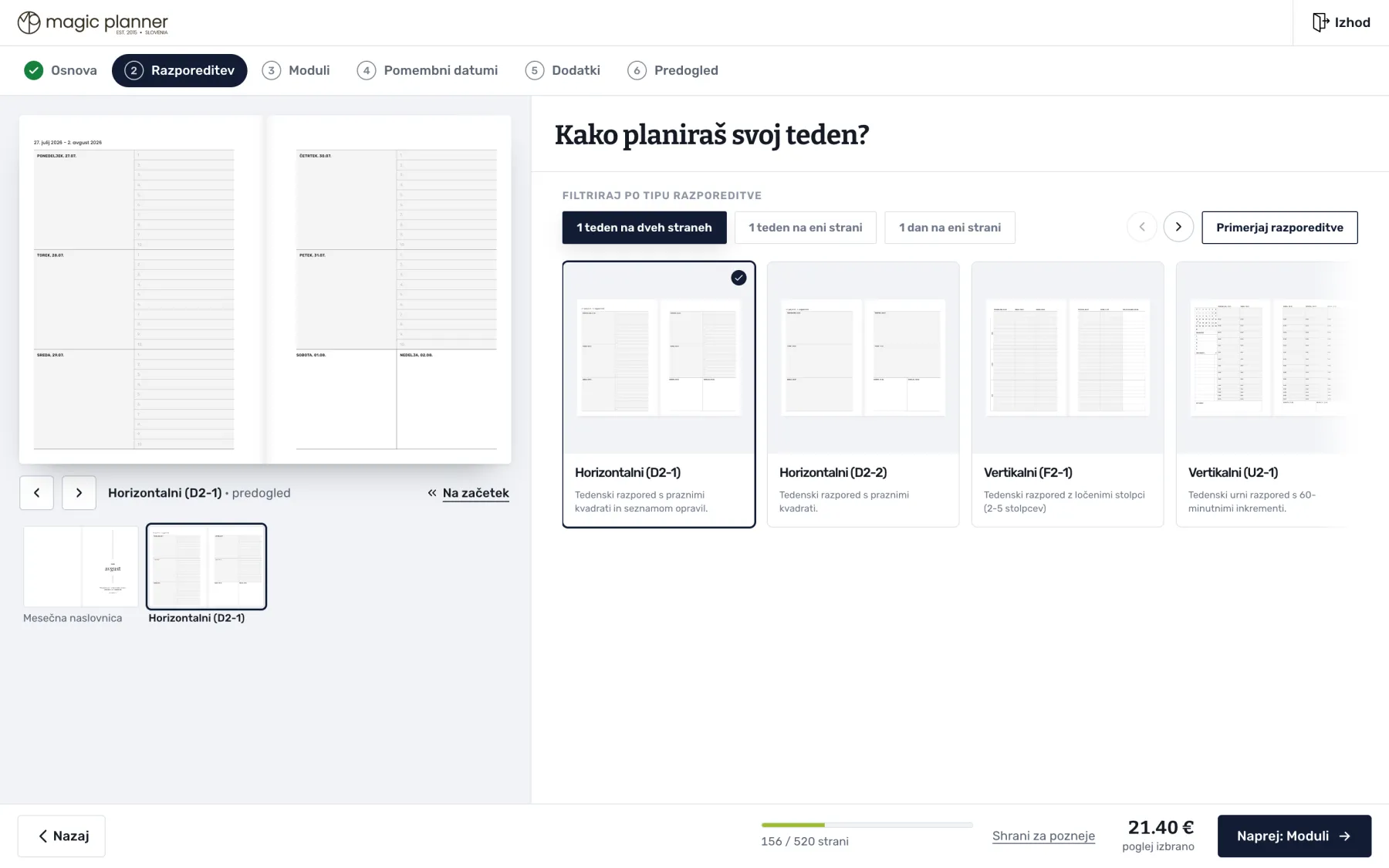 Konfigurator Magic Planner: Razpored: kako načrtuješ svoj teden