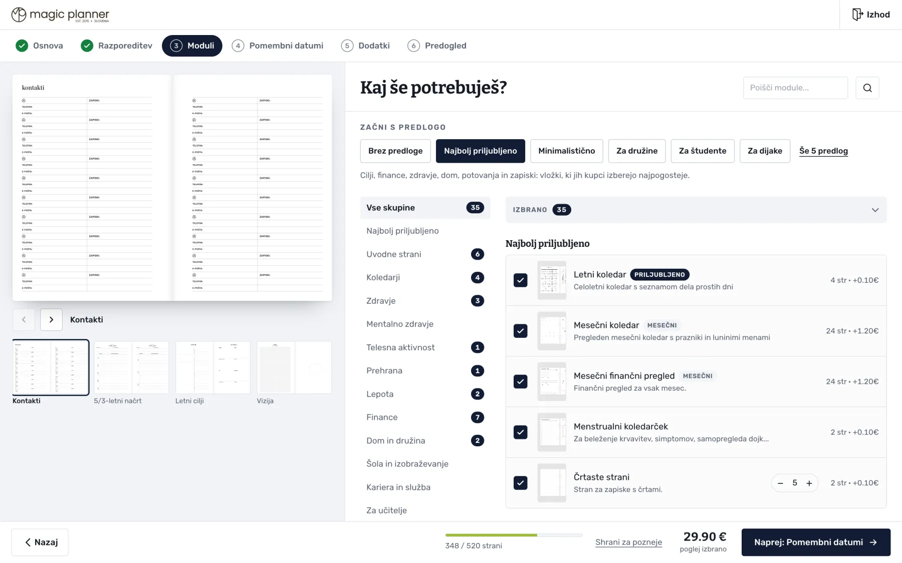 Konfigurator Magic Planner: Moduli: samo strani, ki jih res uporabljaš