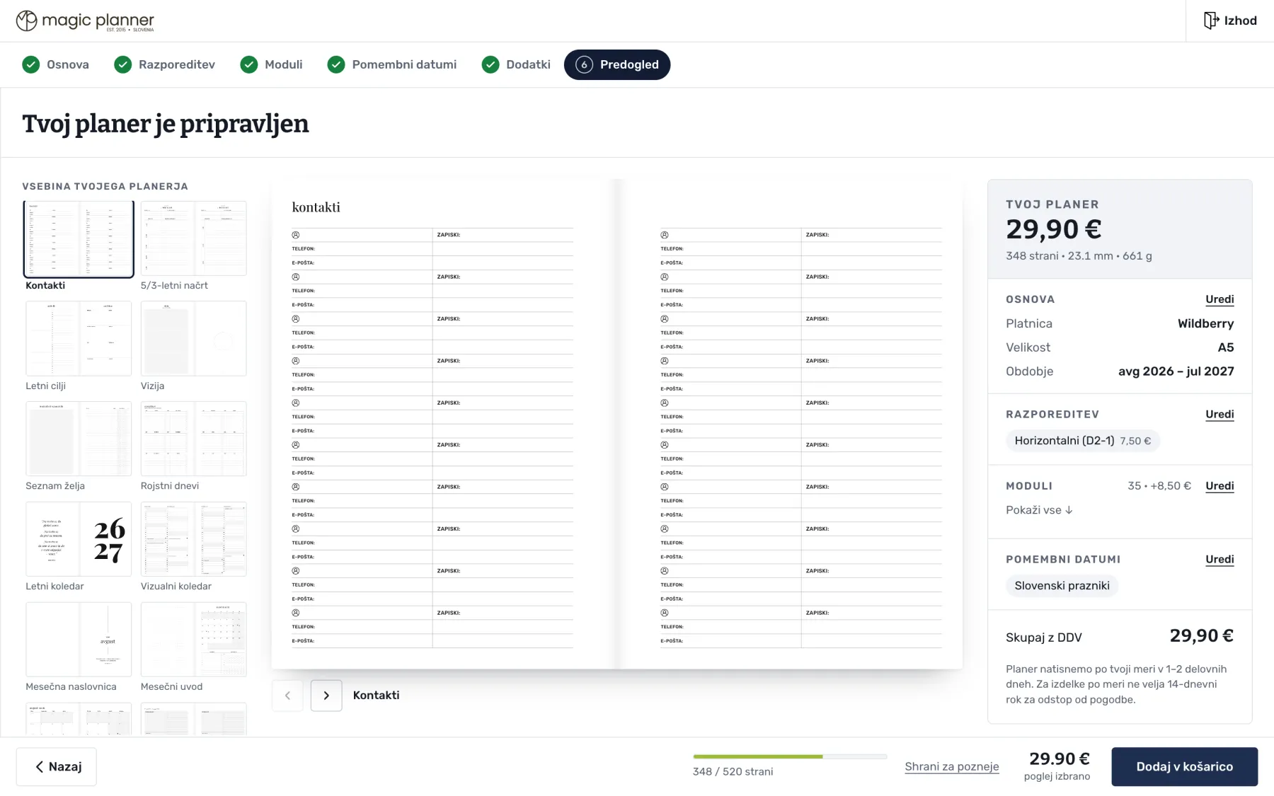 Konfigurator Magic Planner: Predogled: prelistaš planer pred nakupom